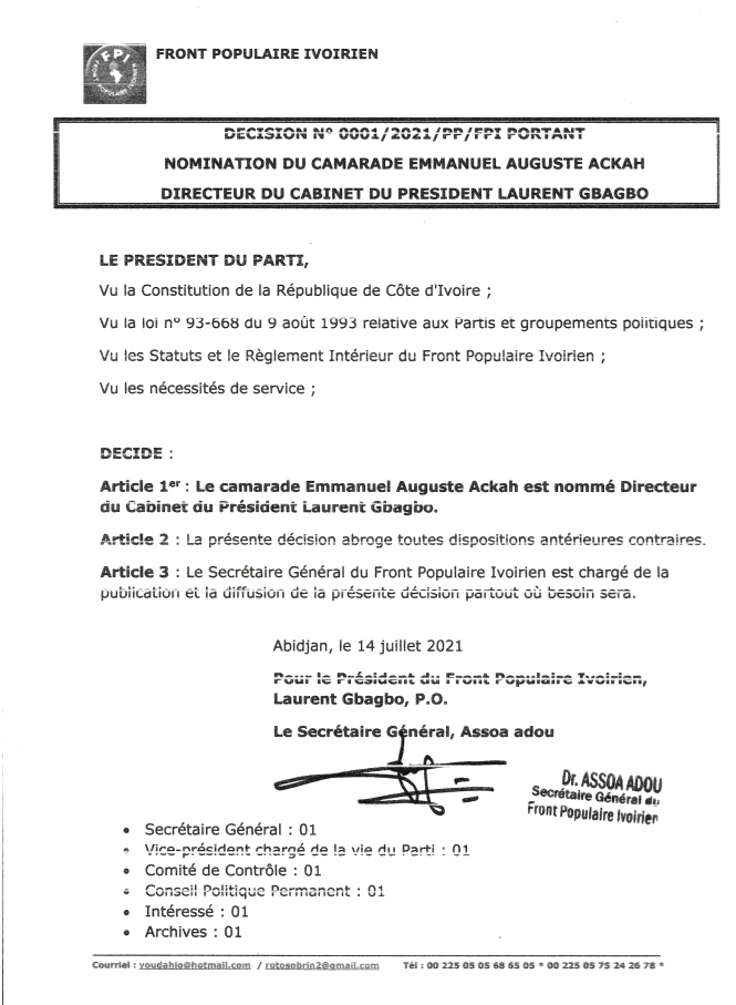 COTE D'IVOIRE : LAURENT GBAGBO NOMME EMMANUEL AUGUSTE ACKAH DIRECTEUR DE SON CABINET