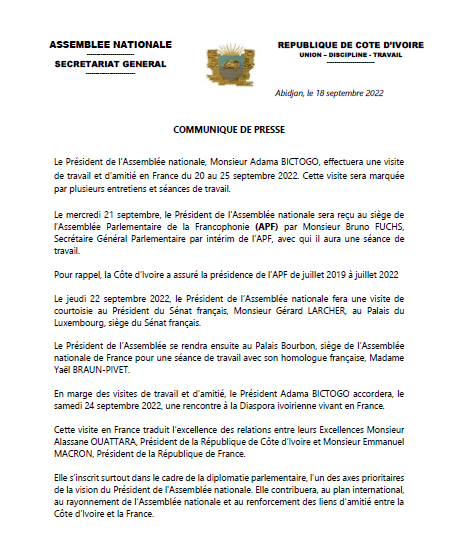 Côte d'Ivoire : Le Président de l'Assemblée nationale, Monsieur Adama BICTOGO, sera en France du 20