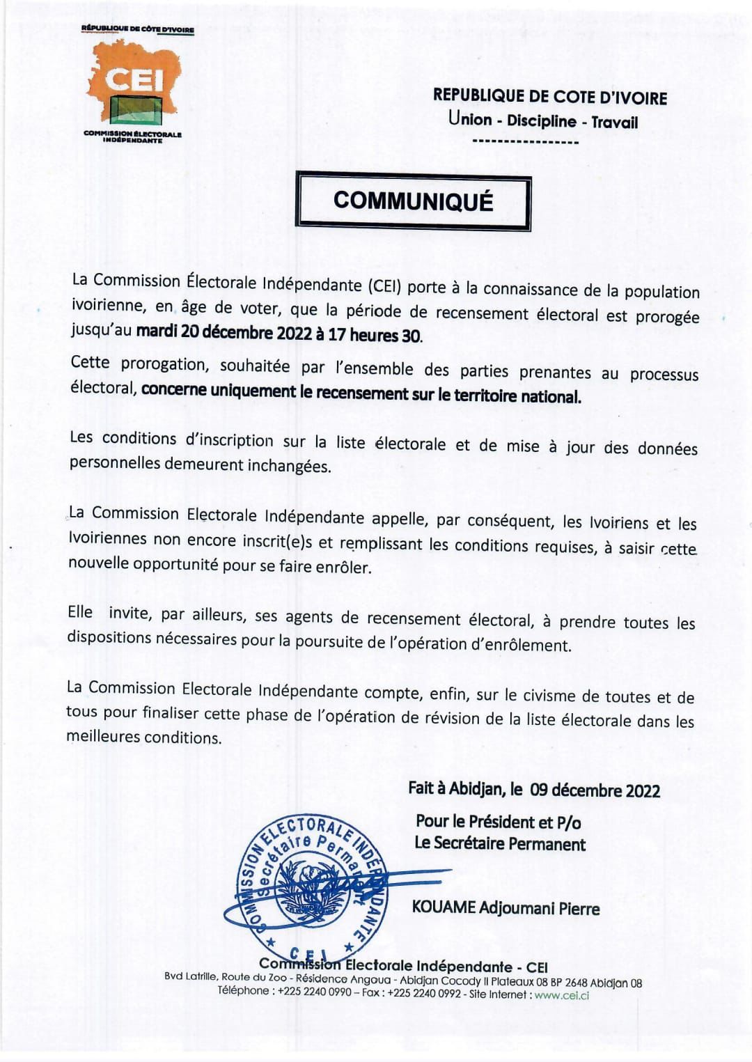 COTE D’IVOIRE : CEI – Prolongation de la période de révision de la liste électorale, la diaspora n’e