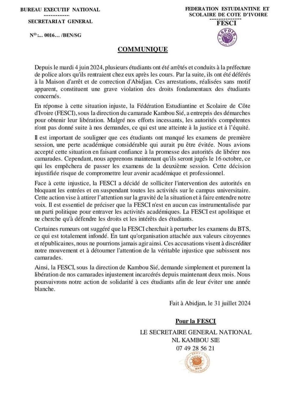 La Fesci paralyse l'université FHB/ Les raisons de leur col