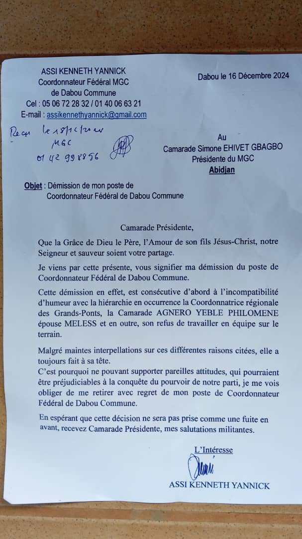 Crise au Mgc/ Le coordonneur fédéral de Dabou claque la port