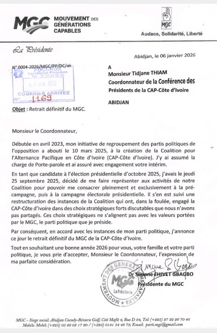 Côte d’Ivoire : Le MGC se retire définitivement de la CAP-Cô